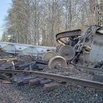 RYAN SPARKS | THE DAILY WORLD 
There were no injuries and no hazardous materials concerns after six boxcars carrying grain derailed in Montesano Monday afternoon.