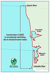High levels of domoic acid have extended the recreational Dungeness crab closure north to the Queets River.