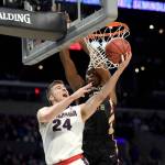 Corey Kispert (24) of the Gonzaga Bulldogs goes up for a shot against Mfiondu Kabengele of the Florida State Seminoles in the second half in the 2018 NCAA Mens Basketball Tournament West Regional at Staples Center on March 22, 2018 in Los Angeles, California. (Harry How/Getty Images/TNS)