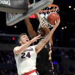 LOS ANGELES, CA - MARCH 22:  Corey Kispert #24 of the Gonzaga Bulldogs goes up for a shot against Mfiondu Kabengele #25 of the Florida State Seminoles in the second half in the 2018 NCAA Men's Basketball Tournament West Regional at Staples Center on March 22, 2018 in Los Angeles, California.  (Harry How/Getty Images/TNS)