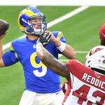 Los Angeles Rams quarterback John Wolford throws a pass against the Arizona Cardinals defense in the first quarter on Sunday, Jan. 3, 2021 at SoFi Stadium in Inglewood, California. (Wally Skalij/Los Angeles Times/TNS)