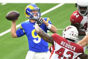 Los Angeles Rams quarterback John Wolford throws a pass against the Arizona Cardinals defense in the first quarter on Sunday, Jan. 3, 2021 at SoFi Stadium in Inglewood, California. (Wally Skalij/Los Angeles Times/TNS)