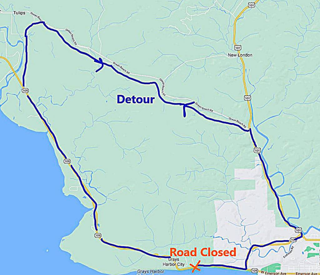 This image from the state Department of Transportation shows the detour route around the State Route 109 slide just west of Hoquiam.