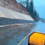 COURTESY STATE DEPARTMENT OF TRANSPORTATION 
Crews discovered this rockfall on State Route 109 just west of Hoquiam Sunday morning and immediately closed the roadway, just hours after it had reopened after a Jan. 17 slide.