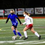 Hoquiam senior Sadie Carlyle, right, dribbles against Elma on Tuesday at Jack Rottle Field in Montesano. Carlyles hat trick led to a 4-1 season-opening win over the Eagles. (Photo courtesy of Ben Winkelman)