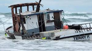 COURTESY DEPARTMENT OF ECOLOGY 
The Westport commercial crab vessel Terry F came ashore off of the north end of Leadbetter Point State Park after it lost power and took on water on dump day Saturday.