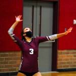 Montesano setter Myah Gallinger serves during the Bulldogs 3-1 victory over Elma on Tuesday. Gallinger had a game-high 31 assists in the victory. (Ryan Sparks | The Daily World)