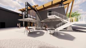 COATES DESIGN ARCHITECTS 

The latest rough rendering of Aberdeen’s proposed Gateway Center, outside the cafeteria area. The Aberdeen City Council was updated on the latest design by architect Matthew Coates this week, which incorporated suggestions taken over the last several months from the council and the city’s Gateway steering committee. The latest design includes an entry vestibule on the west side with a kiosk for visitors and gift shop, with an event and exhibit space, a commercial kitchen and cafeteria. The second floor would include office and meeting space. The front entry to the building is a timber storefront and a lot of glass, and cross laminated timber (CLT) would be used inside for the elevator core and large movable panels in the display/event area. This is not a final design. The council at its March 10 meeting will be presented with a draft request for proposals for a Gateway Center project manager, someone who understands the vision of the building who will work with designers, the city, and downtown and regional partners to manage design and use suggestions as the design process continues.