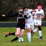 Ocosta midfielder Kylee Denny (8) battles with Forks defender Marissa Villicana during Ocostas 8-0 win on Saturday in Westport. Denny scored three goals in the contest. (Photo by Ben Winkelman)
