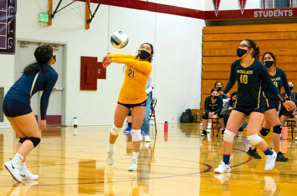 Aberdeen libero Julizza Ambrocio-Felipe (21) makes a pass during the Bobcats 3-0 loss to WF West in a district playoff game on Tuesday in Chehalis. (Eric Trent | The Chronicle)