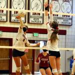 Hoquaims Chloe Kennedy (5) puts up a shot against Castle Rock during the Grizzlies straight-set loss in the opening round of the 1A District 4 playoffs on Tuesday in Hoquiam. (Ryan Sparks | The Daily World)