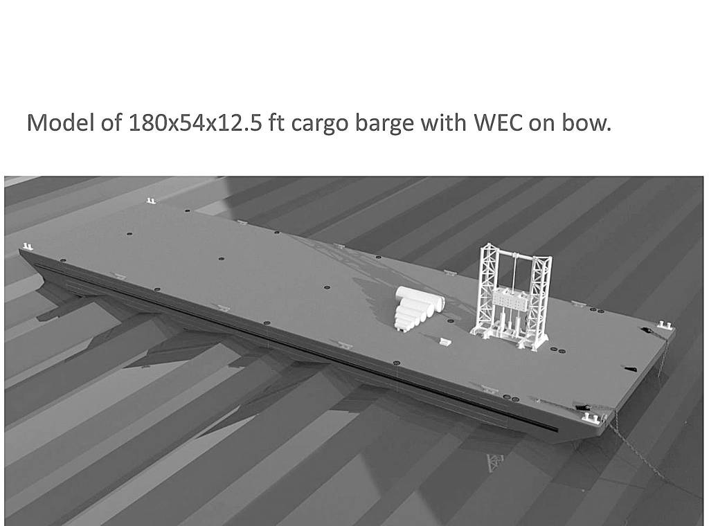 COURTESY APPLIED OCEAN ENERGY 
A rendering of a wave energy converter affixed to a standard cargo barge.
