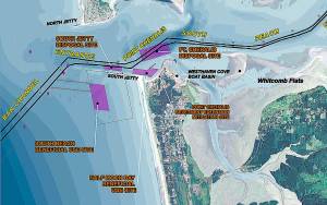 COURTESY ARMY CORPS OF ENGINEERS 
A map showing the location of upcoming dredging activity and materials disposal sites. The Army Corps of Engineers will begin annual maintenance dredging in Grays Harbor April 5.