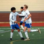 RYAN SPARKS | THE DAILY WORLD
Elma senior Abel Alatorre, left, congratulates freshman Cason Seaberg after Seaberg scored a goal in the first half of a game against Montesano on Wednesday in Montesano.