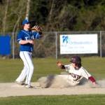 RYAN SPARKS | THE DAILY WORLD Montesanos Christian Prall slides into second while Elma infielder Brody Rustemeyer awaits the throw in Montes 13-11 extra-inning victory on Friday in Elma.