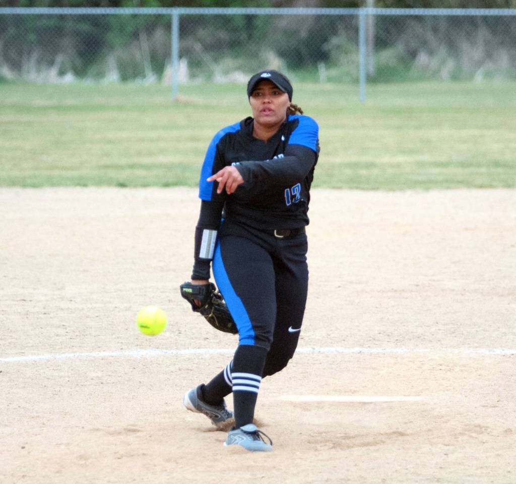 RYAN SPARKS | THE DAILY WORLD GHC pitcher Shaylee Bisbee throws a pitch during a doubleheader against Centralia College on Wednesday at the Bishop Sports Complex in Aberdeen.