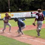 RYAN SPARKS | THE DAILY WORLD Montesano third baseman Isaac Pierce, left, and catcher Josh Wills have Kings Way Christians Max Mitchell caught in a rundown during a 1A District 4 semifinal game on Tuesday at Vessey Field in Montesano.