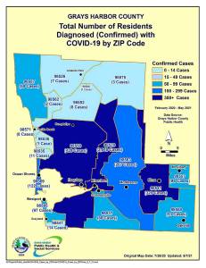COVID-19 cases by Grays Harbor County zip code map, updated May 7. The map is updated each Friday and can be found at <a href="https://www.healthygh.org/directory/covid19/casecount" target="_blank">healthygh.org/directory/covid19/casecount</a>.
