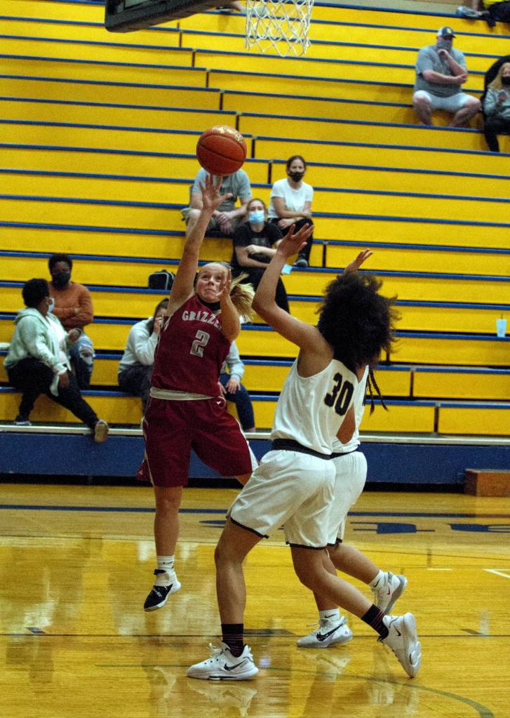 RYAN SPARKS | THE DAILY WORLD Hoquiams Sadie Carlyle puts up a shot during Saturdays Myrtle Street Rivalry game in Aberdeen. The Grizzlies won the game 38-33.
