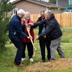 DAN HAMMOCK | THE DAILY WORLD 
Breaking ground at the Shoalwater Bay Tribes tsunami evacuation tower Monday were, from left, state Emergency Management Director Robert Ezelle, recently-retired tribe emergency management director Lee Shipman, Shoalwater Bay Tribe Chairwoman Charlene Nelson, and FEMA Region 10 Administrator Vince Maykovich.