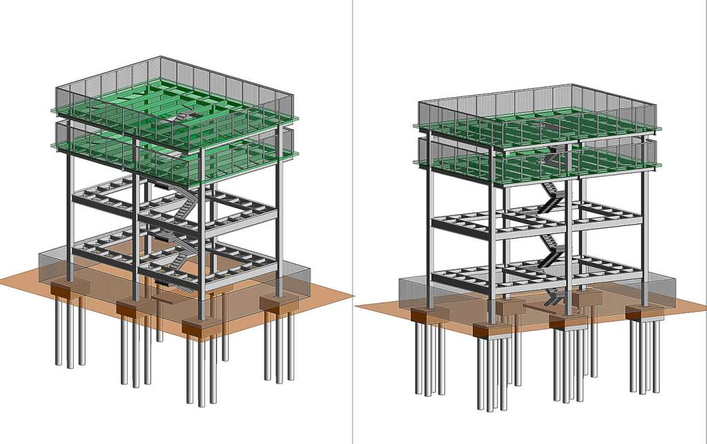 Construction on the Shoalwater Bay Tribes tsunami evacuation tower began this month. The structure will provide two safe refuge platforms at 40 and 50 feet above grade and can easily hold more than 300 people seeking high ground in the event of a tsunami. (Courtesy Degenkolb Engineers)