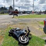 This motorcycle was apparently traveling at up to 90 mph on Lincoln Street in Hoquiam when it struck a vehicle at Chenault Avenue. The operator, James Cody Sterns, 30, of Hoquiam, and a passenger were ejected; Stearns was pronounced dead at the hospital shortly after the crash. (Courtesy Hoquiam Police Chief Jeff Myers)