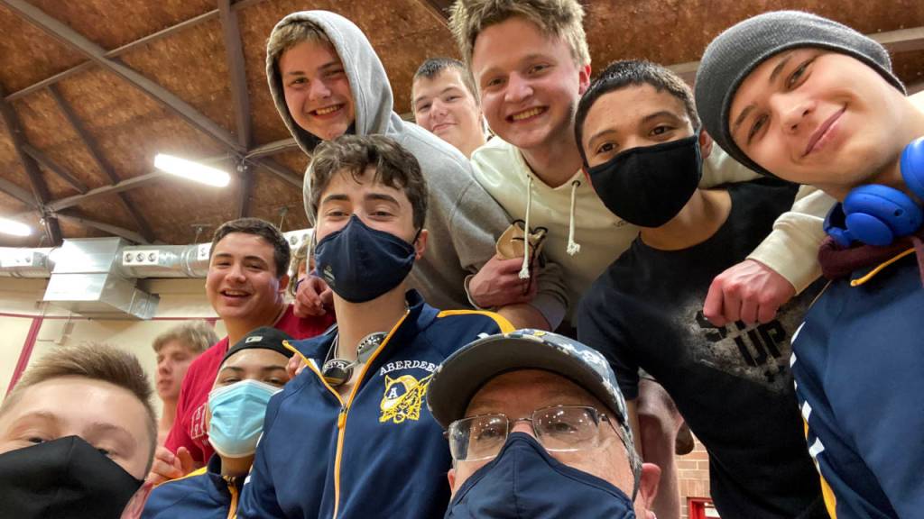 SUBMITTED PHOTO The Aberdeen and Hoquiam boys swim teams pose for a photo during the 2A District 4 Championships on Wednesday in Shelton.
