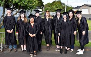 DAN HAMMOCK | THE DAILY WORLD 
Harbor High Schools Class of 2021: From left, Connor Mottinger, Kieley King, Kimberly Ixcoy Pu, Brianna Reames, Trinity Anderson, Kylie Murphy, Baylie Palmer, Madison Edwards, and Makayla Dollarhyde.