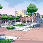 Courtesy QaMar and Associates 
This is a vision of Simpson Avenue looking northwest from the intersection at Eighth Street from the city of Hoquiams revitalization plan. It shows how sidewalk extensions make the street more safe and walkable, and how blank walls on existing buildings have been replaced with thin liner buildings that can incorporate new uses.