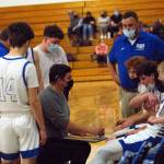 DAILY WORLD FILE PHOTO
Former Elma boys basketball head coach Jeff Niemi, seen here during a timeout against Hoquiam earlier this season, was ousted as the Eagles head coach on Friday, June 11, after guiding Elma to its first appearance in the district championship game since 2001.