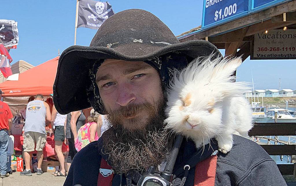 DAN HAMMOCK | THE DAILY WORLD 
Ever seen a real pirate bunny? Now you have. Thats Philio Heralk of Puyallup with his pirate bunny perched on his shoulder, a real eye-catcher at Rusty Scuppers Pirate Daze in Westport on Saturday.
