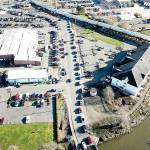 Courtesy City of Aberdeen
Drone shot shows traffic backing up in the right lane of eastbound Highway 12 in East Aberdeen due to a train stopped on the tracks, blocking access to Walmart and several other businesses.