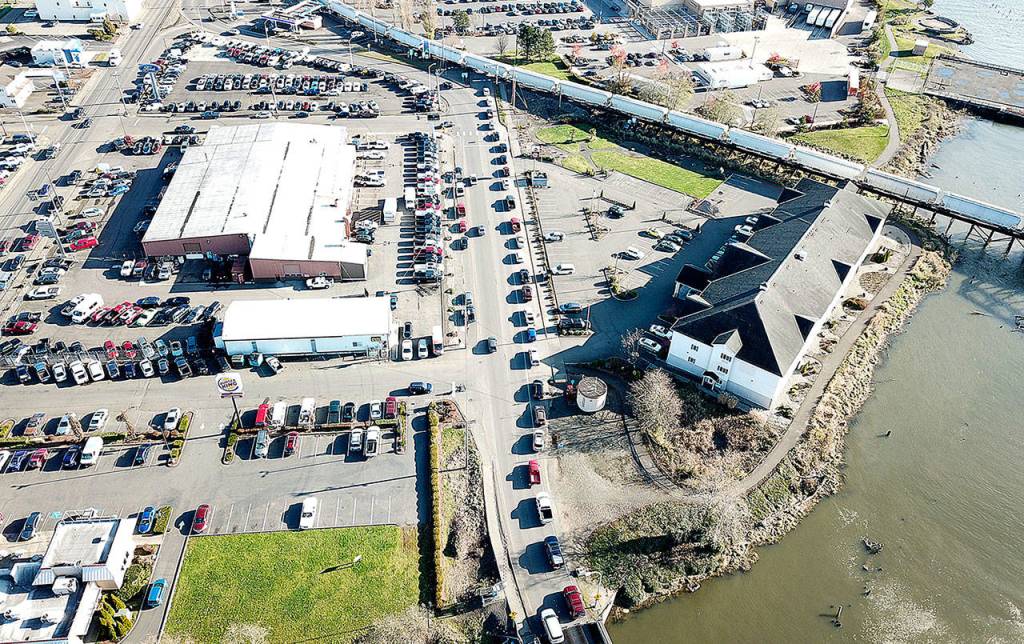 Courtesy City of Aberdeen
Drone shot shows traffic backing up in the right lane of eastbound Highway 12 in East Aberdeen due to a train stopped on the tracks, blocking access to Walmart and several other businesses.