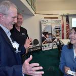 DAN HAMMOCK | THE DAILY WORLD 
Sen. Maria Cantwell chats with Port of Grays Harbor Commissioner Tom Quigg at Port headquarters Wednesday. Cantwell was in town to talk about potential funding options for the East Aberdeen rail separation project. In the background is Port deputy executive director Leonard Barnes.