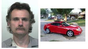 Left: Brandon J. Merrill (AKA Brandon Musto) Right: Photo of suspect vehicle type (2003 Hyundai Tiberon), not actual vehicle.