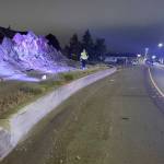Courtesy Aberdeen Police Department 
Orange paint on the concrete wall in front of the Breaker concrete monument on North Park Street shows where a vehicle struck before becoming airborne and rolling down the roadway, coming to rest more than 100 yards down the road. A 20-year-old South Aberdeen woman was killed in the early Saturday morning wreck.