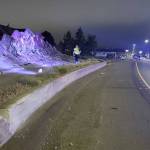 Courtesy Aberdeen Police Department 
Orange paint on the concrete wall in front of the Breaker concrete monument on North Park Street shows where a vehicle struck before becoming airborne and rolling down the roadway, coming to rest more than 100 yards down the road. A 20-year-old South Aberdeen woman was killed in the early Saturday morning wreck.