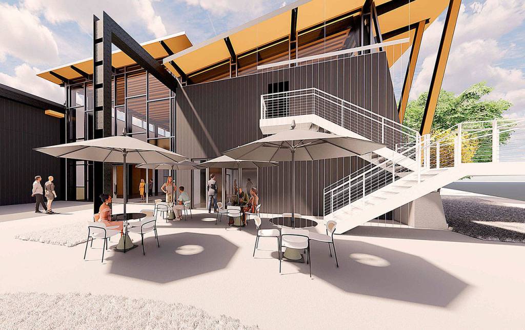 Courtesy Coates Design 
The latest rendering for the proposed Aberdeen Gateway Center. This shows the cafe spaces outdoor seating.
