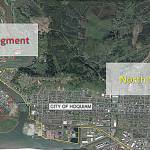 Courtesy City of Hoquiam 
This map shows the proposed alignment of the North Shore Levee in yellow and the North Shore LeveeWest Segment in red.