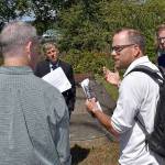 DAN HAMMOCK | THE DAILY WORLD 
Standing in front of the Fry Creek pump station discussing the plans for the bigger and better one soon to be constructed, from left, are Grays Harbor County Commissioner Kevin Pine, Hoquiam City Administrator Brian Shay, Ty Johnson of HDR Engineering, and Congressman Derek Kilmer. Kilmer was in town Friday for a tour of the length of the proposed North Shore Levee and North Shore Levee West Segment.