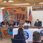 Suquamish Tribal Chairman Leonard Foresman, left, speaks to U.S. Rep. Derek Kilmer and U.S. Secretary of the Interior Deb Haaland at a listening session inside the Quinault Indian Nations Joseph B. DeLaCruz tribal council chambers in Taholah Monday. (Courtesy U.S. Rep. Derek Kilmer)