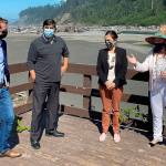 Courtesy of U.S. Rep. Derek Kilmer 
From left, U.S. Rep. Derek Kilmer, Quinault Indian Nation President Guy Capoeman, U.S. Secretary of the Interior Deb Haaland and Quinault Indian Nation Vice President Fawn Sharp talk climate resiliency and village relocation in Taholah.