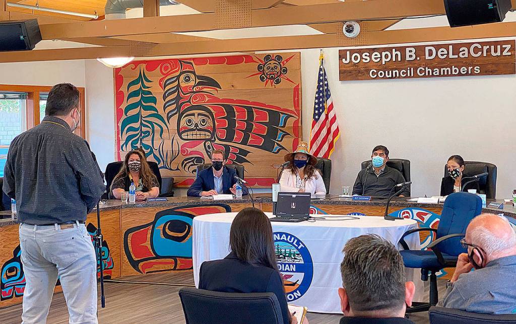 Suquamish Tribal Chairman Leonard Foresman, left, speaks to U.S. Rep. Derek Kilmer and U.S. Secretary of the Interior Deb Haaland at a listening session inside the Quinault Indian Nations Joseph B. DeLaCruz tribal council chambers in Taholah Monday. (Courtesy U.S. Rep. Derek Kilmer)