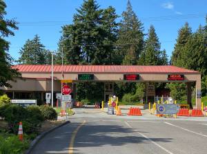 Richard Read | Los Angeles Times, file photo 
Exit lanes from Point Roberts sit empty at the local Canadian border station, which was shut down to all but essential travel during the COVID-19 pandemic.