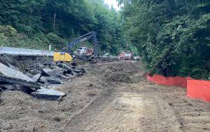 Crews working under contract with the state Department of Transportation did some clearing work along the slide on Highway 101 Cosi Hill this week as they begin work to shore up the slide thats kept the roadway to one lane since January 2020. (Courtesy Department of Transportation)
