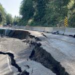 Crews working under contract with the state Department of Transportation did some clearing work along the slide on Highway 101 Cosi Hill this week as they begin work to shore up the slide thats kept the roadway to one lane since January 2020. (Courtesy Department of Transportation)