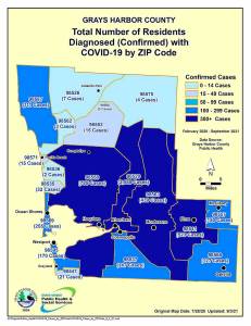 COVID-19 cases by zip code, updated Sept. 3. (Courtesy Grays Harbor County Public Health)