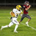 PHOTO BY BEN WINKELMAN Aberdeen wide receiver Drew Lock (3) heads to the endzone for one of his two touchdowns in the Bobcats 40-8 win on Friday in Hoquiam.