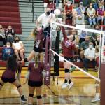 RYAN SPARKS | THE DAILY WORLD Montesano outside hitter Ashlyn Devereaux scores a points against WF Wests Savannah Hawkins during Tuesdays match in Montesano. The Bulldogs won 3-2.