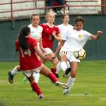 PHOTO BY BEN WINKELMAN Aberdeens Jaylynn Phimmasone, right, competes with Hoquiams Yazmin Garcia-Lopez during a game on Tuesday in Hoquiam. Phimmasone scored the only goal of the game on a free kick in the 48th minute.